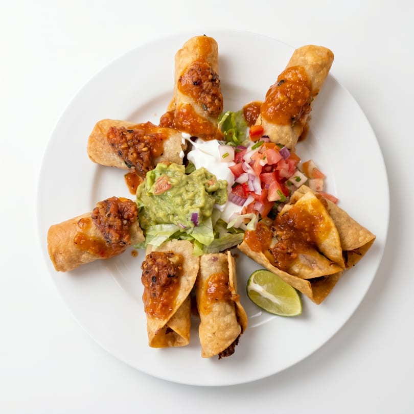Crispy taquitos topped with salsa, guacamole, sour cream, pico de gallo, and a lime wedge.