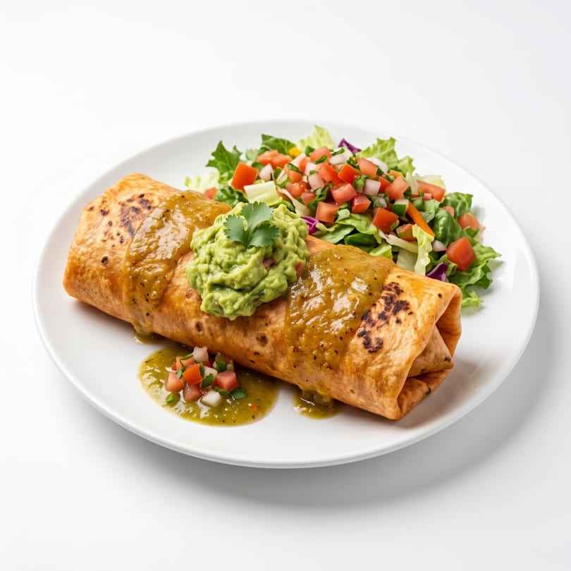 A large burrito topped with green salsa and guacamole, served with a side salad.