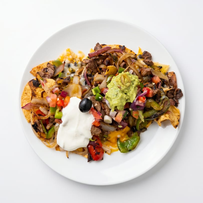 Top-down view of steak nachos with guacamole, sour cream, and black olive on a white plate.